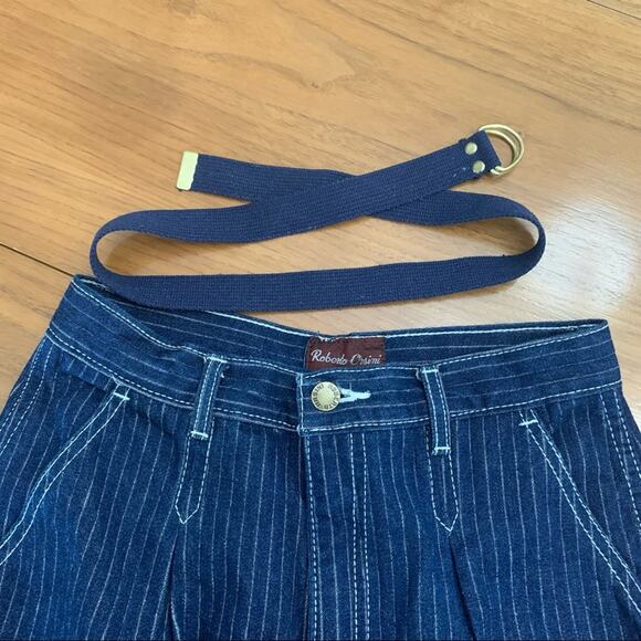 Vintage Pinstripe Jeans Size 9/10 Roberto Orsini Pleated High Waist D Ring Belt - Picture 1 of 13